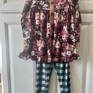 Gigi and Max Peplum Set: Floral Ruffle Blouse and Checkered Pants Set